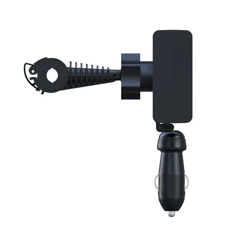 Car charger with retractable cable, clamp mount, and cigarette-lighter plug