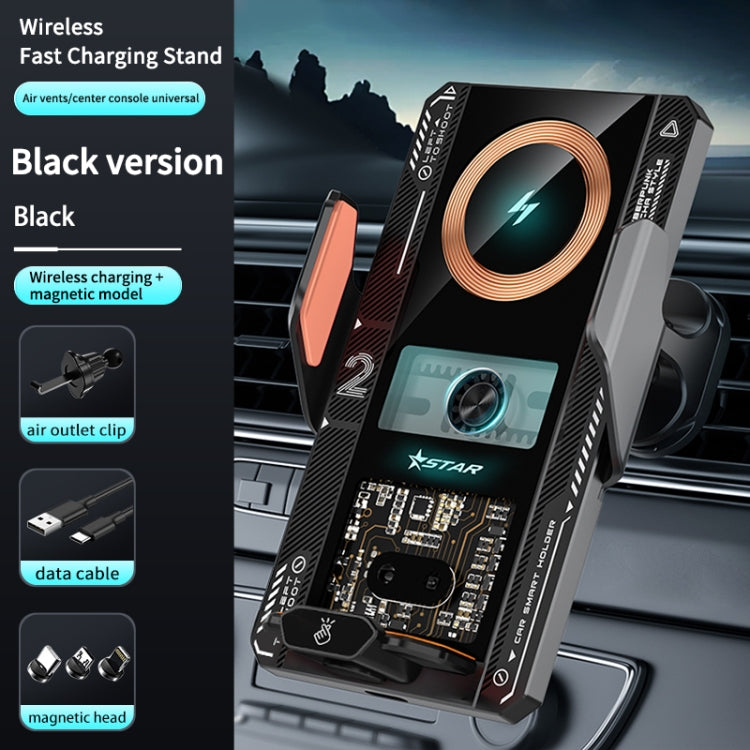 Black wireless car charging stand with air vent clip and orange induction ring