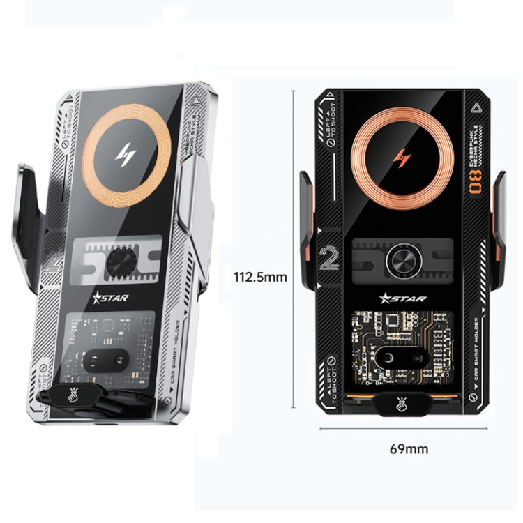 Wireless car phone charger size view, black housing with copper induction ring