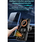 Black wireless car charger stand clamping a phone with induction sensing