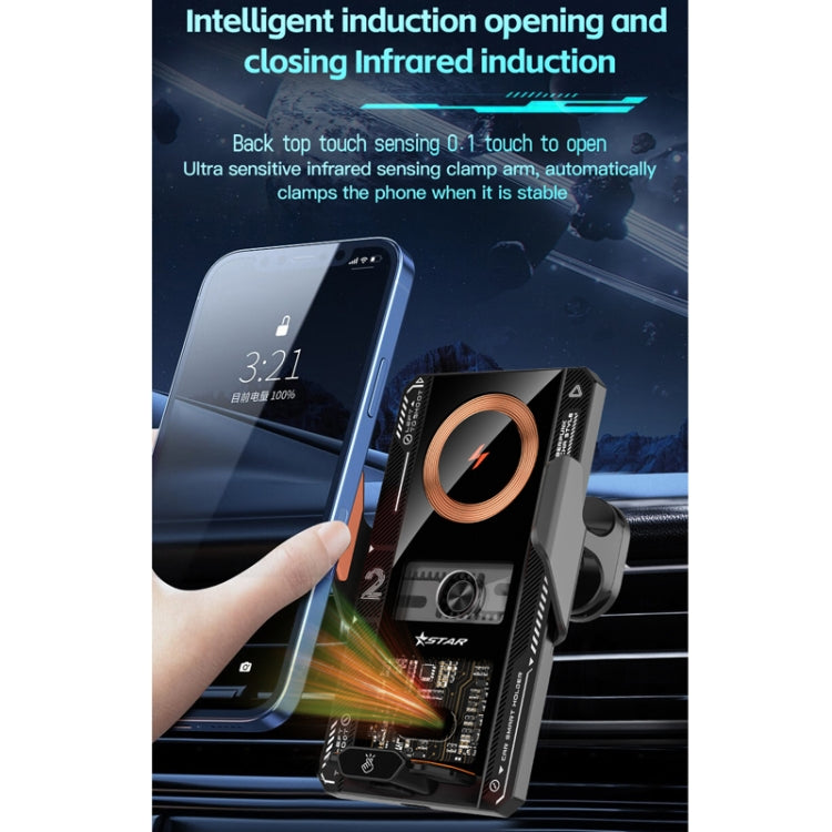 Black wireless car charger stand clamping a phone with induction sensing