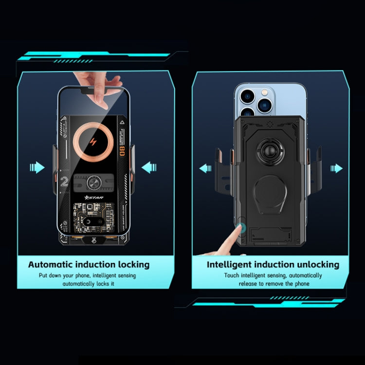 Black wireless car charger lock and unlock clamp mechanism with induction coil