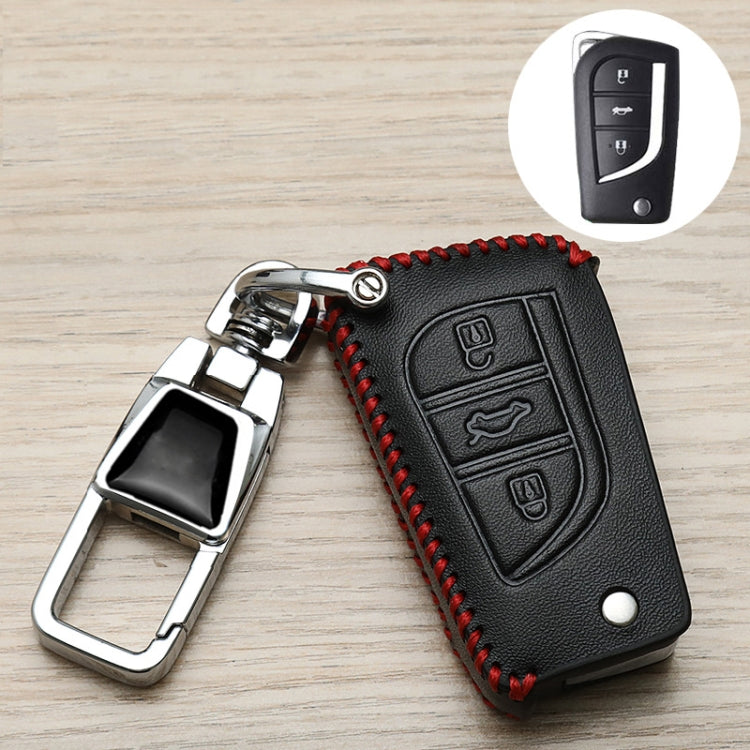 Black Toyota key fob cover with red stitched edges and embossed remote button icons