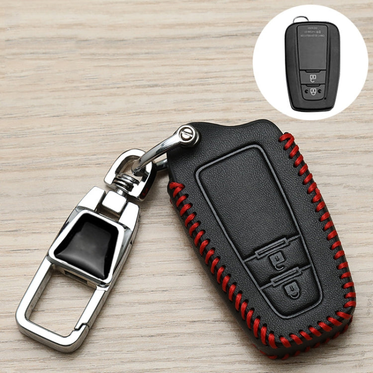 Black Toyota key fob cover with red stitching and metal keychain clip, front angle