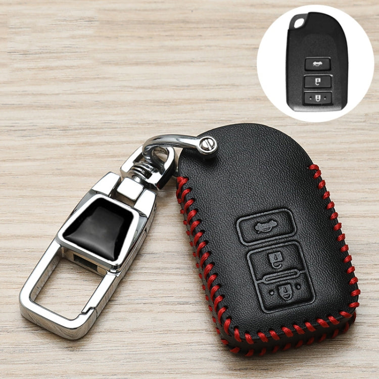 Black leather car key fob cover with red stitched edges and metal key ring