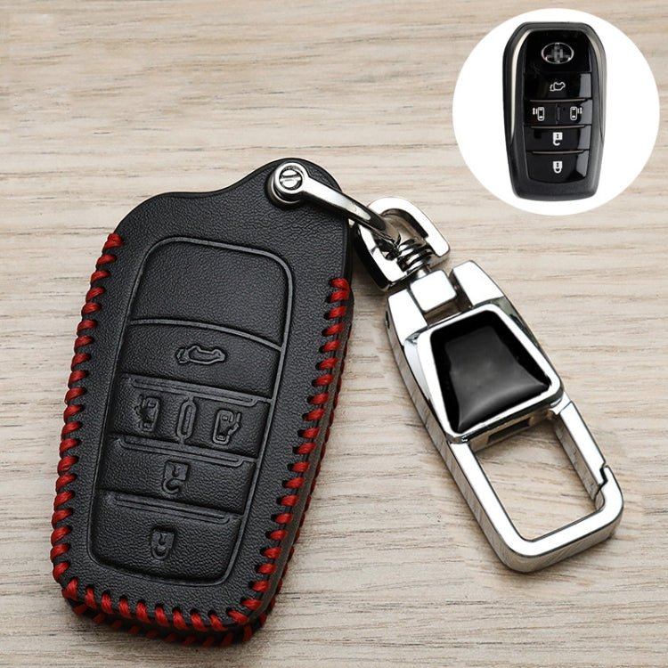 Black car key fob cover with red stitching, metal buckle and key ring