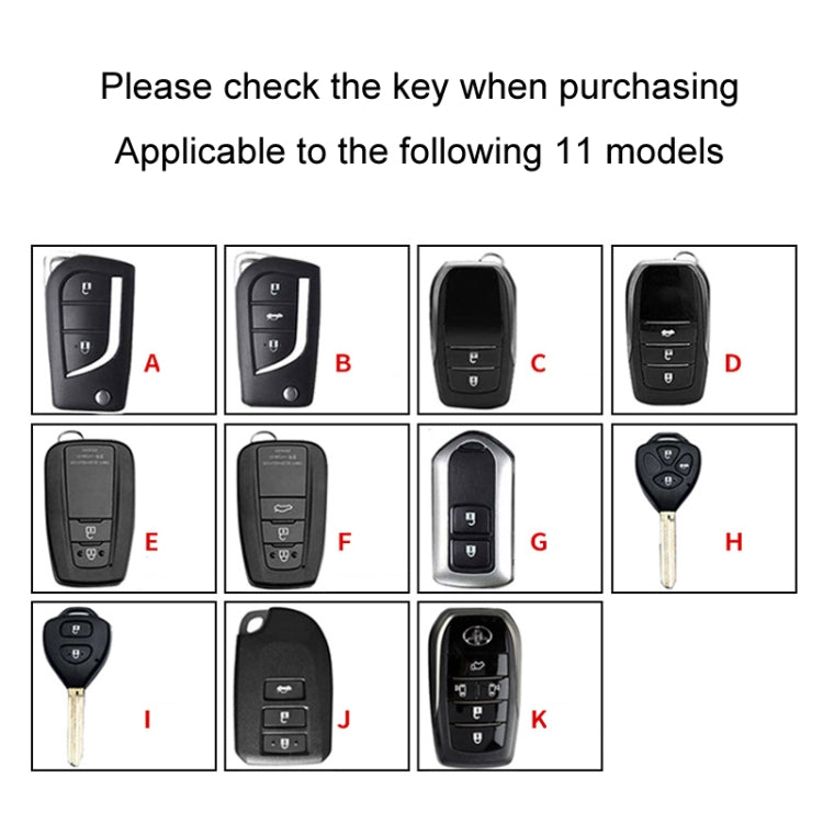 Key fob cover compatibility chart showing options A–K