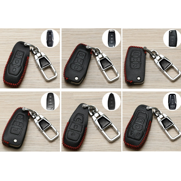 Set of black car key covers with red stitching, metal keyring and chrome key fob holder