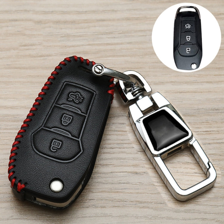 Black leather-style key fob cover with red stitched edge, embossed button panel, keyring