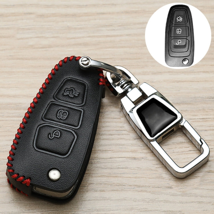 Black leather-style car key case with red stitched trim, embossed buttons, metal keyring