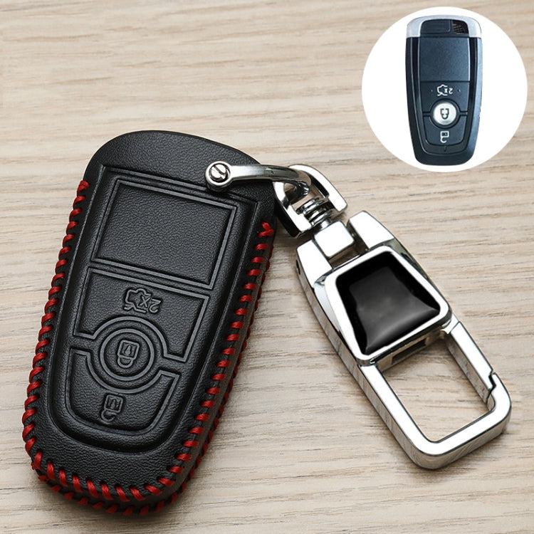 Black leather-style car key case with red stitching, embossed panel, chrome keyring holder