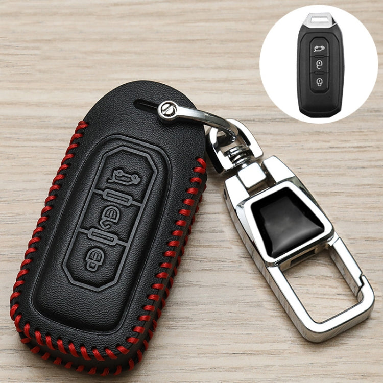 Black key fob cover with red stitched edges and metal keyring clip
