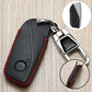 Black key fob cover with red stitched trim and chrome metal keychain buckle