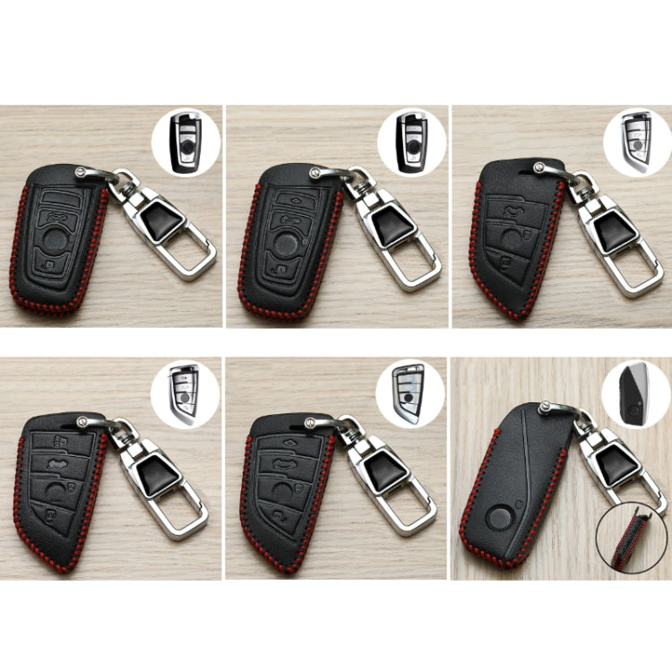 Multiple angles of black key fob covers with red stitching and chrome metal keychain clips