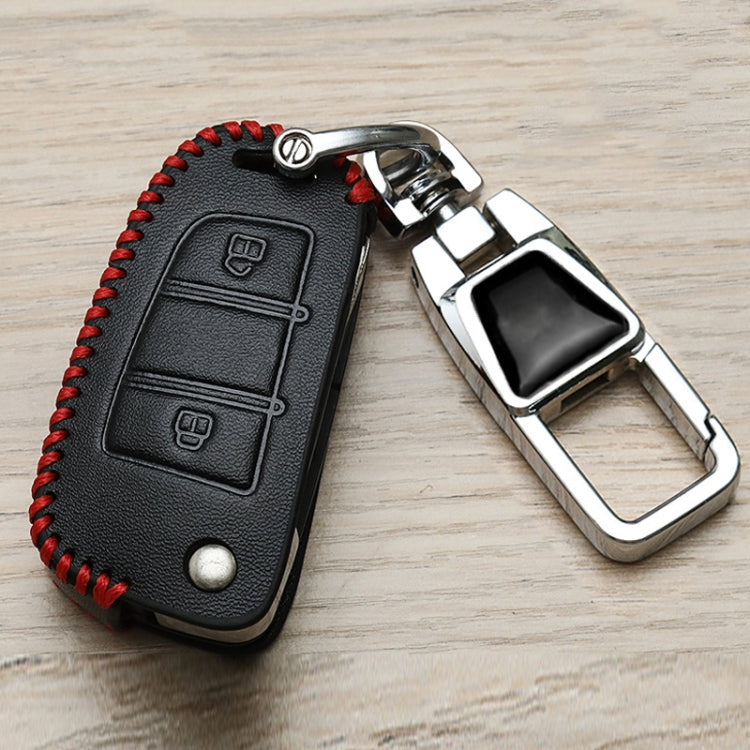 Black car key cover with red stitching and metal keychain loop buckle
