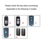 Five key fob cover styles A–E shown on black remote cases for compatibility