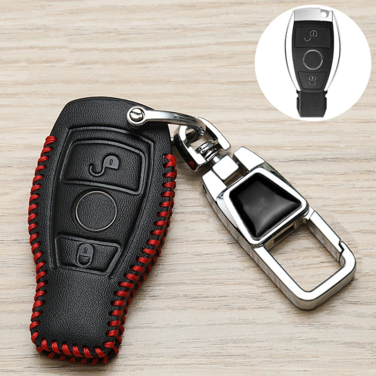 Black Mercedes key fob cover with red stitched edge and chrome metal keychain buckle