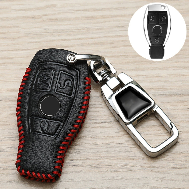 Black leather Mercedes key fob cover with red stitching and chrome metal key ring