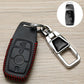 Black key fob cover with red stitched sides and chrome metal clasp keychain