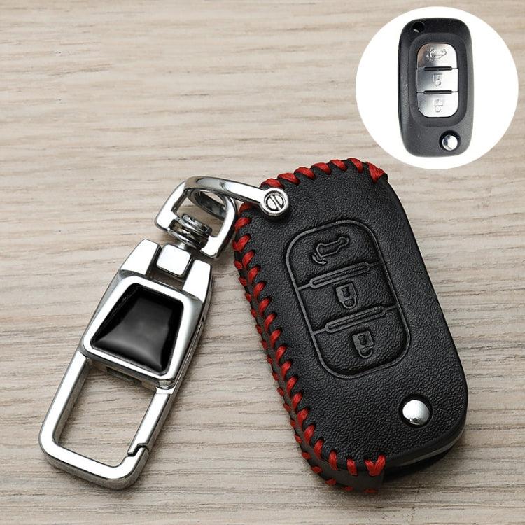 Black leather Mercedes key cover with red stitching and chrome metal keychain clip