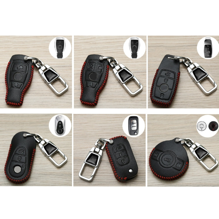 Black leather key fob cover with red stitching shown from multiple angles with metal buckle