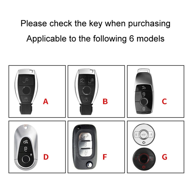Mercedes key cover options A–G shown with black fob shells and chrome metal buckles
