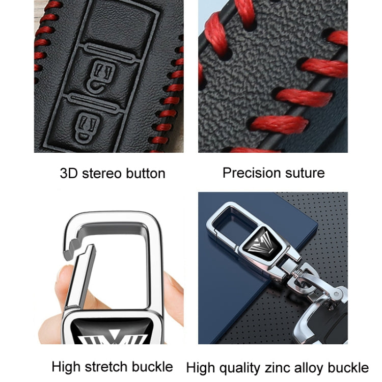 Close-up of black key fob cover with raised buttons, red stitching, and chrome buckle