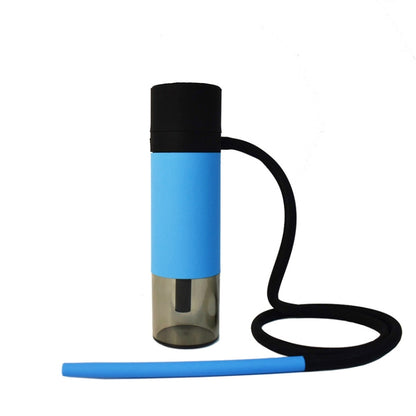 Portable hookah water pipe in blue with black cap, clear base, and black hose