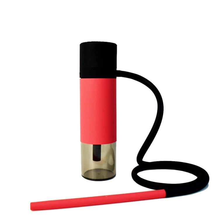 Portable hookah water pipe in red with black cap, clear base, and black hose