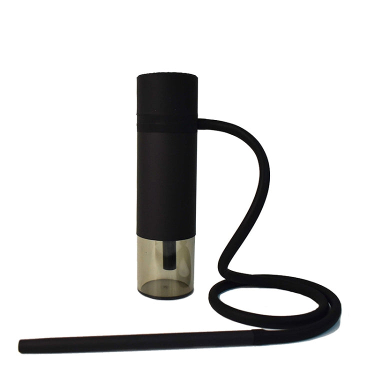 Portable hookah water pipe with dark body, clear base, and black hose