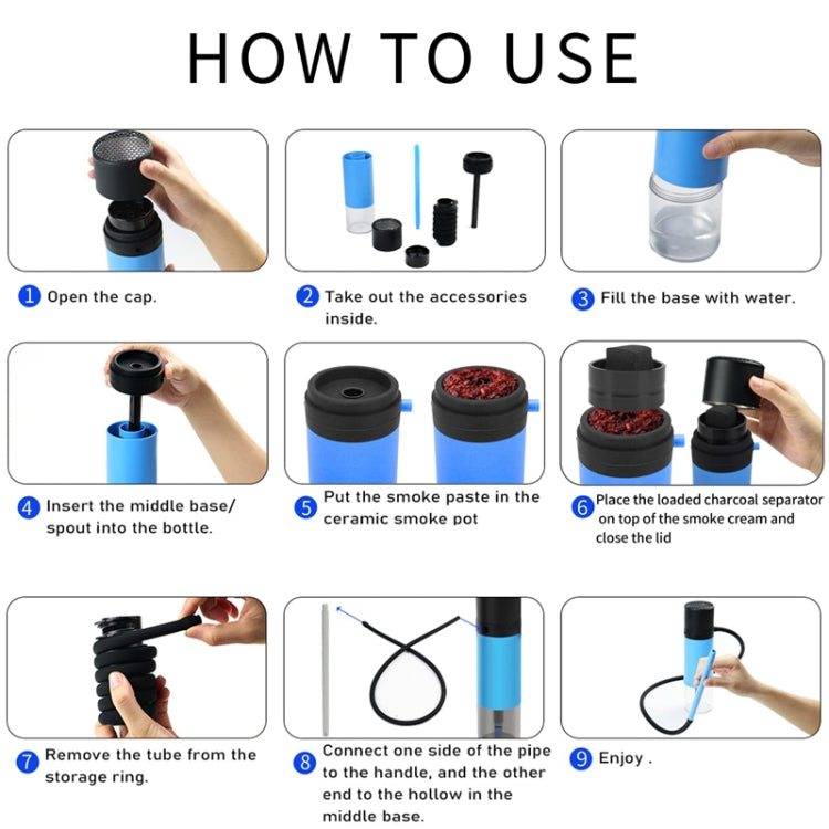 Portable hookah use kit shown with assembled body and detachable black hose