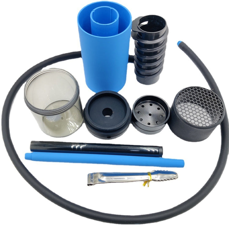 Blue portable hookah kit with black hose, charcoal parts, bowls, and mouthpiece accessories
