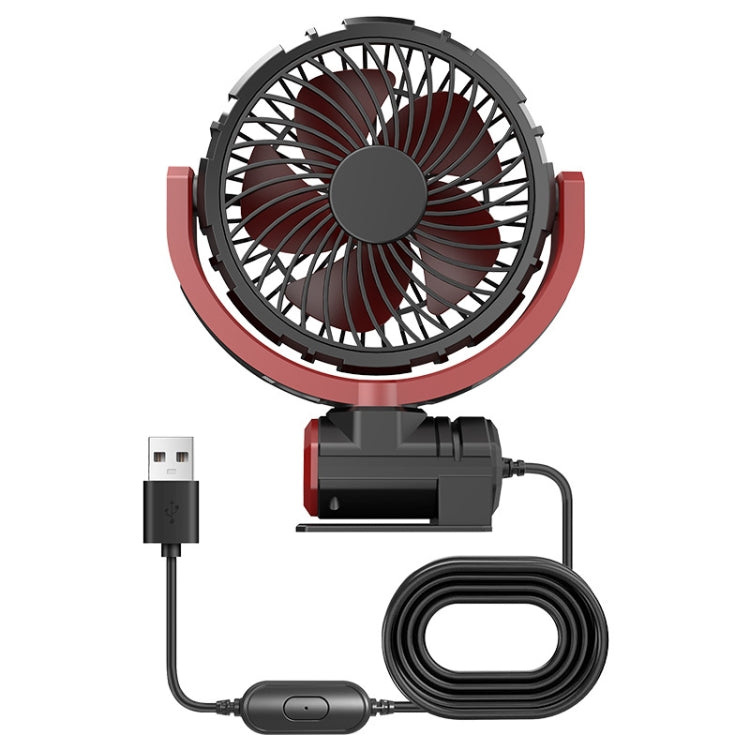 USB car foldable fan with single grille and red base, includes USB power cable