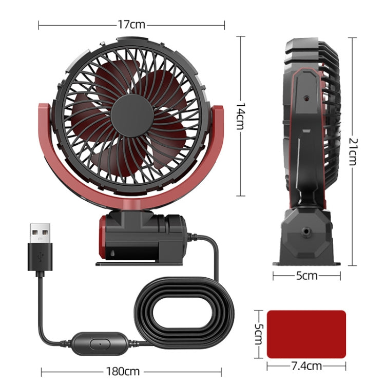USB car foldable fan kit with single grille, clamp stand, and coiled power cable