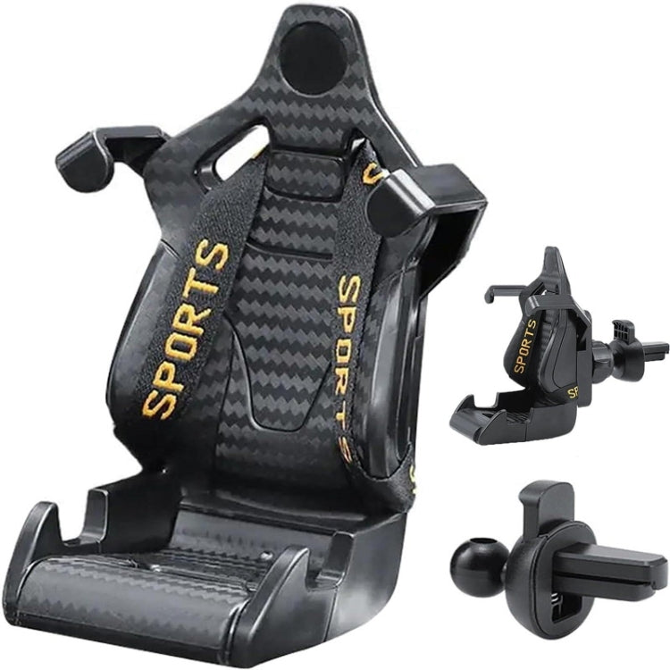 Car air outlet phone holder with carbon-texture cradle, black body, yellow Sport strap accents