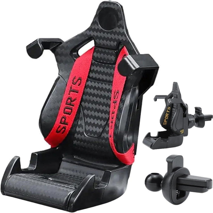 Car air outlet phone holder with carbon-texture cradle, black body, red Sport strap accents