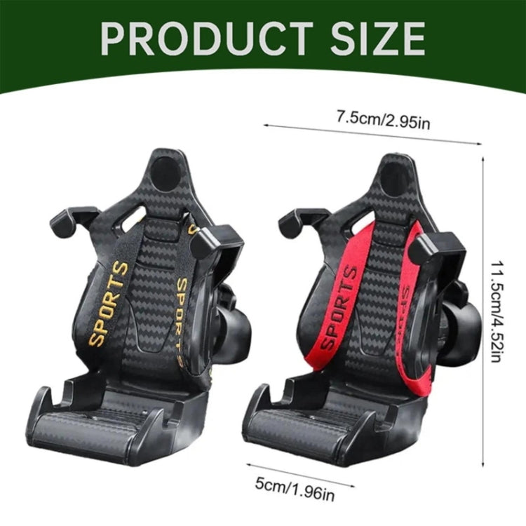 Black car air outlet phone holder with red Sport strap; includes overall size diagram