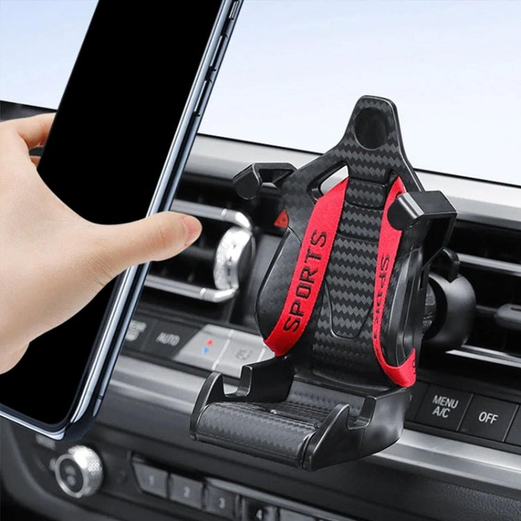 Car air outlet phone holder with red Sport strap holding a smartphone on an air vent