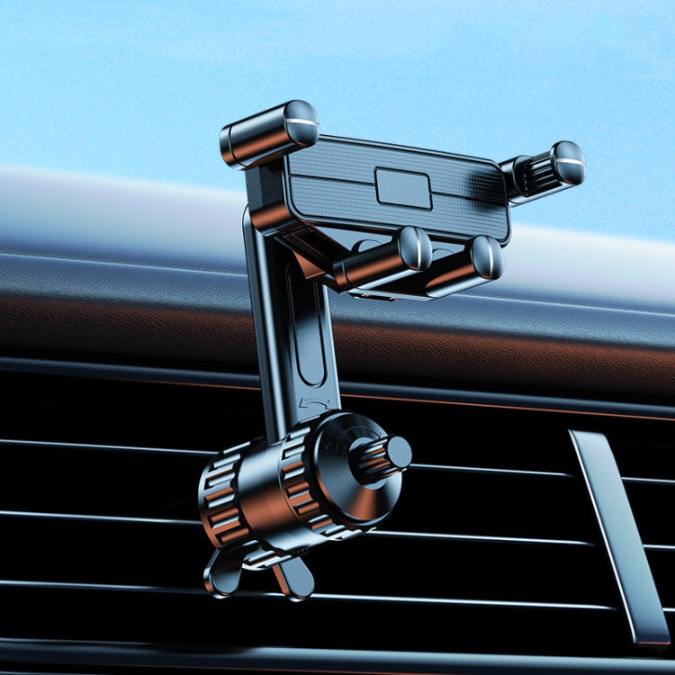 Car air vent phone holder with extension pole and triangular metal hook, dark metal frame
