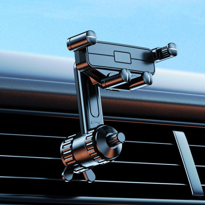 Car air vent phone holder with extension pole and triangular metal hook, dark metal frame
