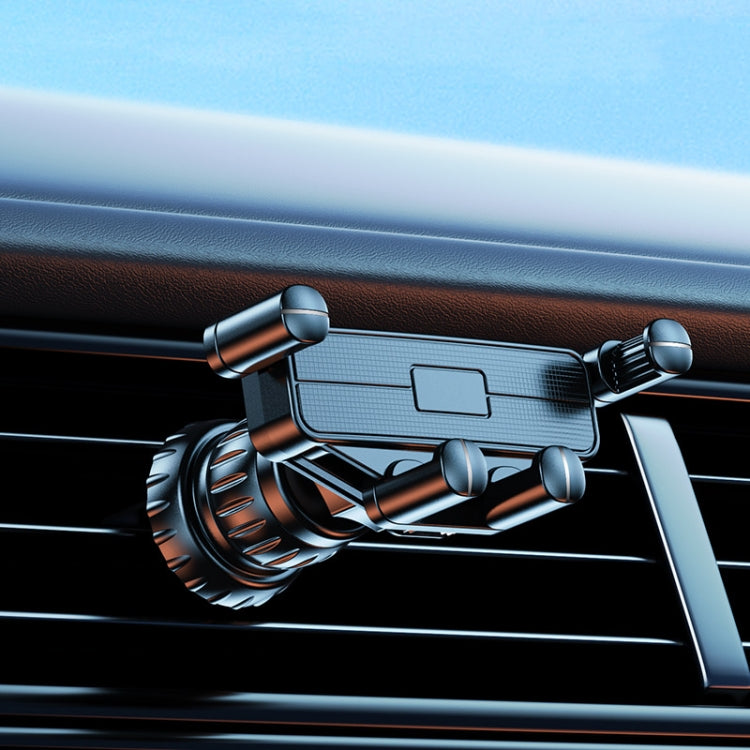 Car air vent phone holder showing clamp arms and extension pole, dark metal finish