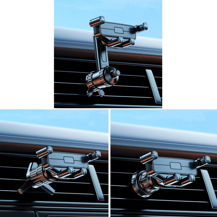 Car air vent phone holder set from multiple angles, extension pole and vent clamp detail