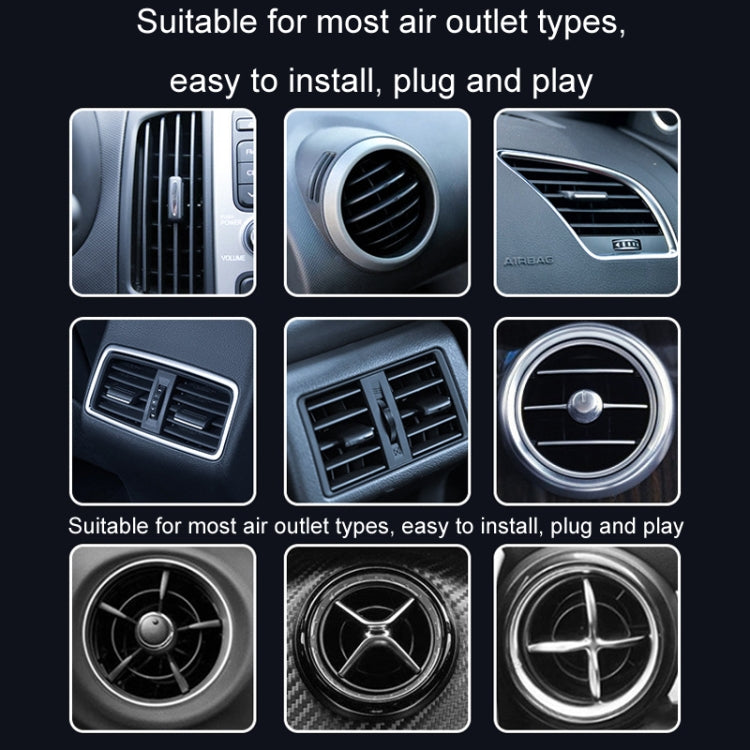 Car air vent phone holder compatibility shown on multiple vent shapes, dark metal mount
