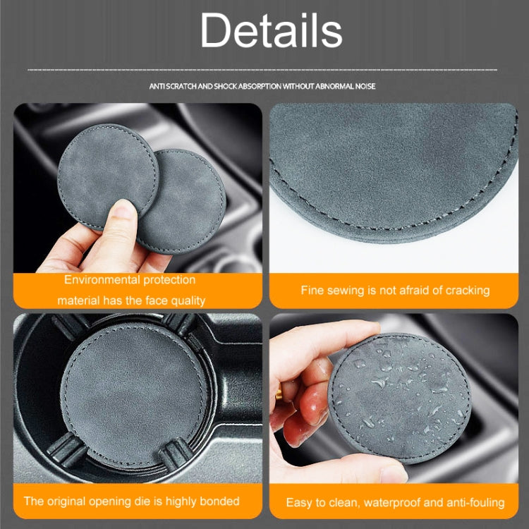 Gray round suede coaster with stitched rim, shown with textured surface and droplets.