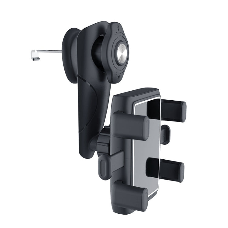 360-degree rotating car phone holder with adjustable clamp arms, black mount