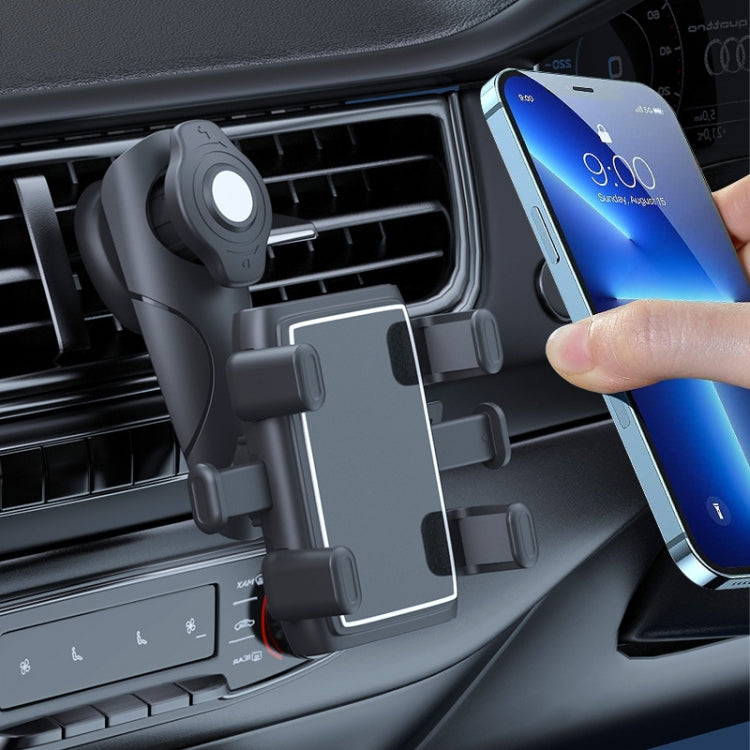 Car air-vent phone holder gripping a smartphone with adjustable side clamps