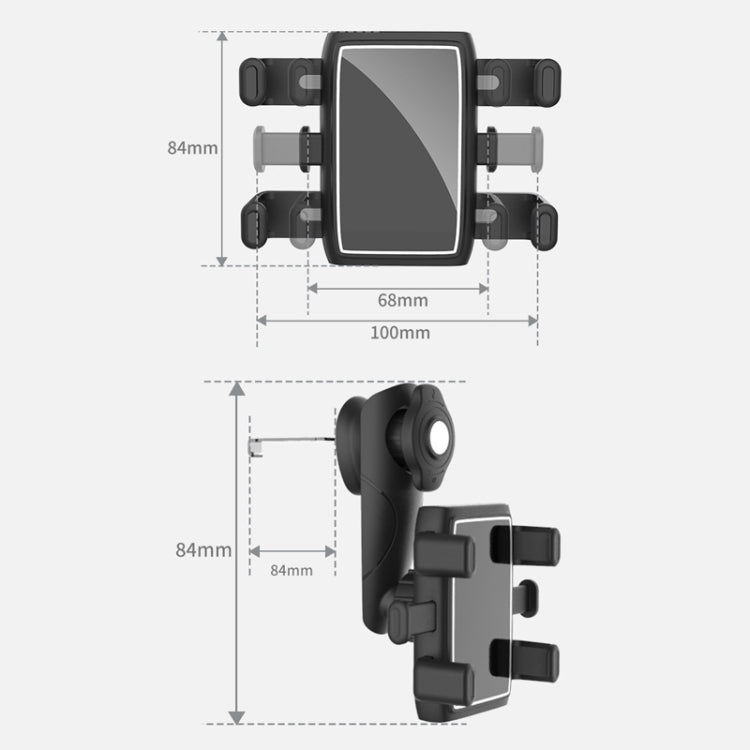 Car phone holder with dimensions shown on clamp and vent mount, black
