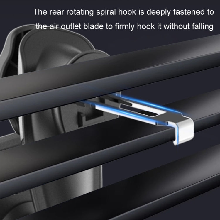 Car air vent phone holder showing spiral hook attaching to outlet blade