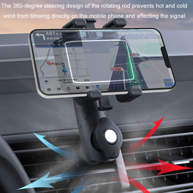 Rotating car phone holder with 360-degree steering rod near dashboard vent
