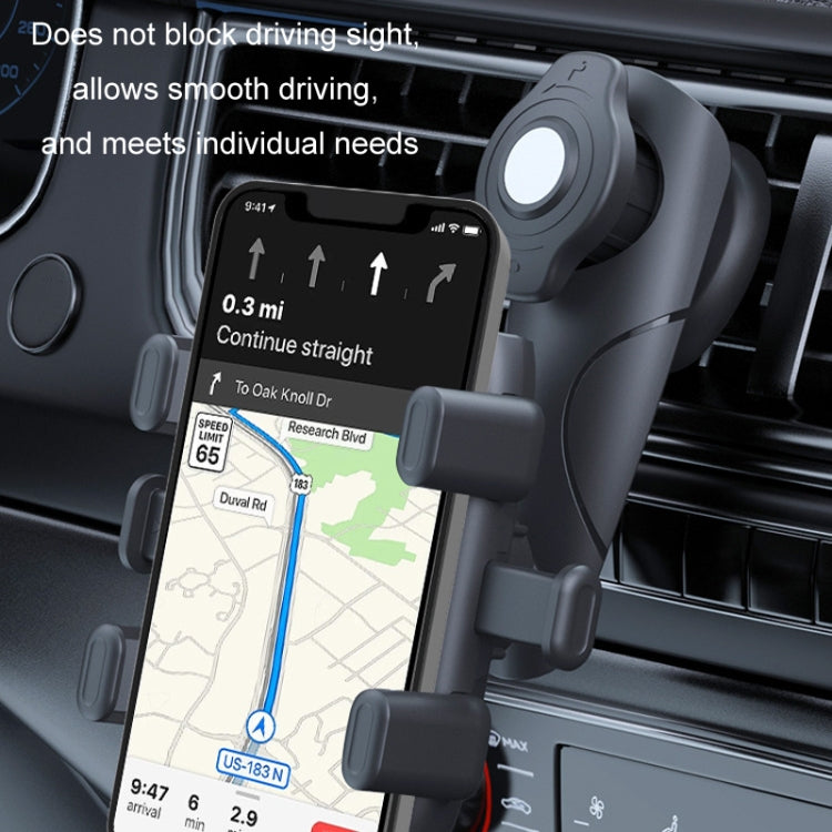 Car phone holder mounted on air vent with spring arms holding a phone